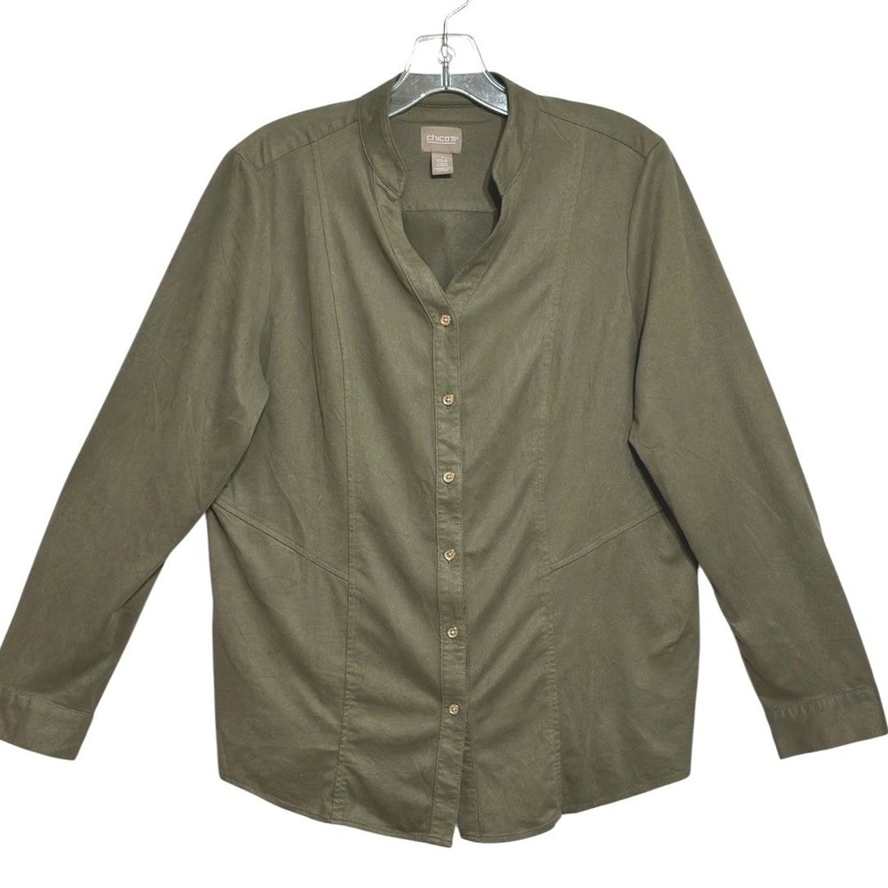 Chico's Button Down Shirt Women Olive Green Faux Suede Mandarin Collar Safari  1
